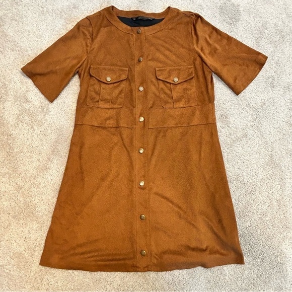 Zara Camel Brown faux suede short sleeve button front mini dress L - Picture 10 of 15